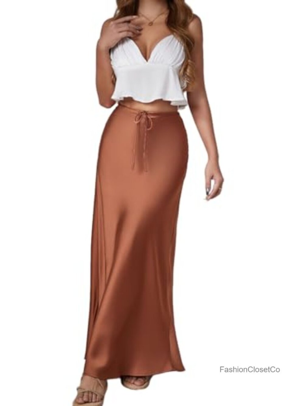 Stretch Satin Maxi Skirt Drawstring A-Line Mermaid Hem Flowy